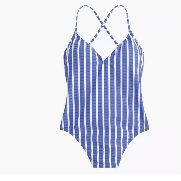 J.CREW Lace-Up Back Swimsuit Cobalt Blue White Striped VNeck Nautical Classic - Picture 3 of 12